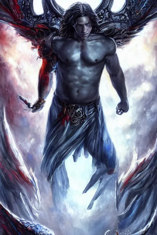 Prompt: front portrait of attractive sam winchester as a belcebu with demon wings wide open, clothes torn apart, muscular chest tattooed with runes and symbols, d & d!, fantasy style, sharp focus!, ultra detailed, art by artgerm and peter andrew jones, wlop