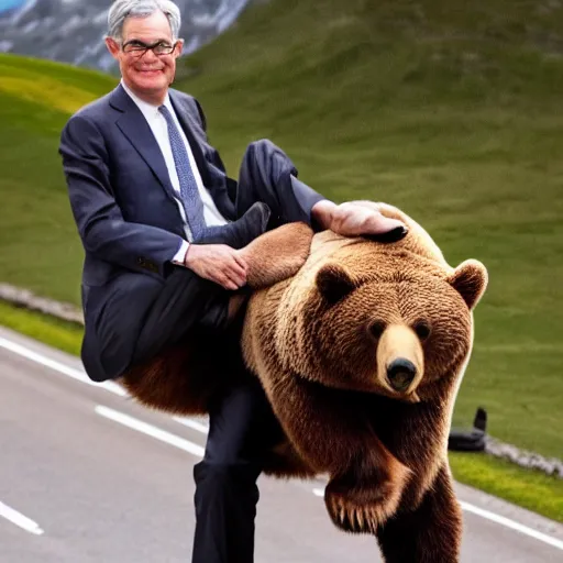 Image similar to photo of jerome powell riding on top of a bear, epic pose