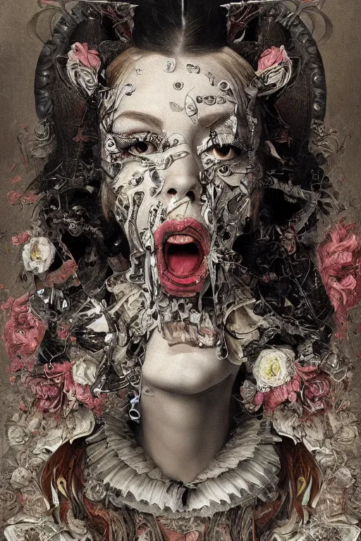 Image similar to Detailed maximalist portrait with large lips and with large white eyes, angry expression, HD mixed media, 3D collage, highly detailed and intricate surrealism, illustration in the style of Caravaggio, dark art, baroque