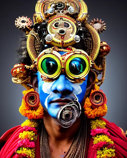 Image similar to photo of a Dramatic Kathakali male character with painted face wearing futuristic MadMax style steampunk goggles and steampunk robot armour with wide skirt in the style of stefan kostic, full body, realistic, sharp focus, symmetric, 8k high definition, insanely detailed, intricate, elegant, art by stanley lau and artgerm, Hajime Sorayama, William-Adolphe Bouguereau