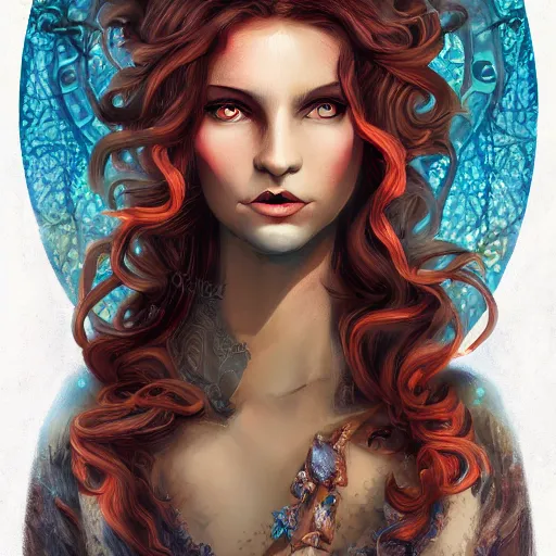 Prompt: character concept portrait of a beautiful woman with pale full face, medusa, with a lot of snakes for hair, blue / grey eyes, elegant, digital painting, art nouveau, smooth, focus, red glow