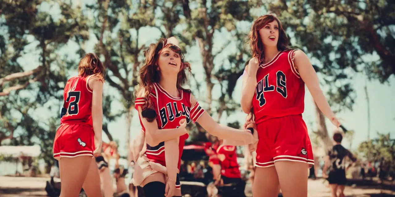 Image similar to attractive woman in bulls jersey and short shorts, high contrast, high saturation cinematic film still