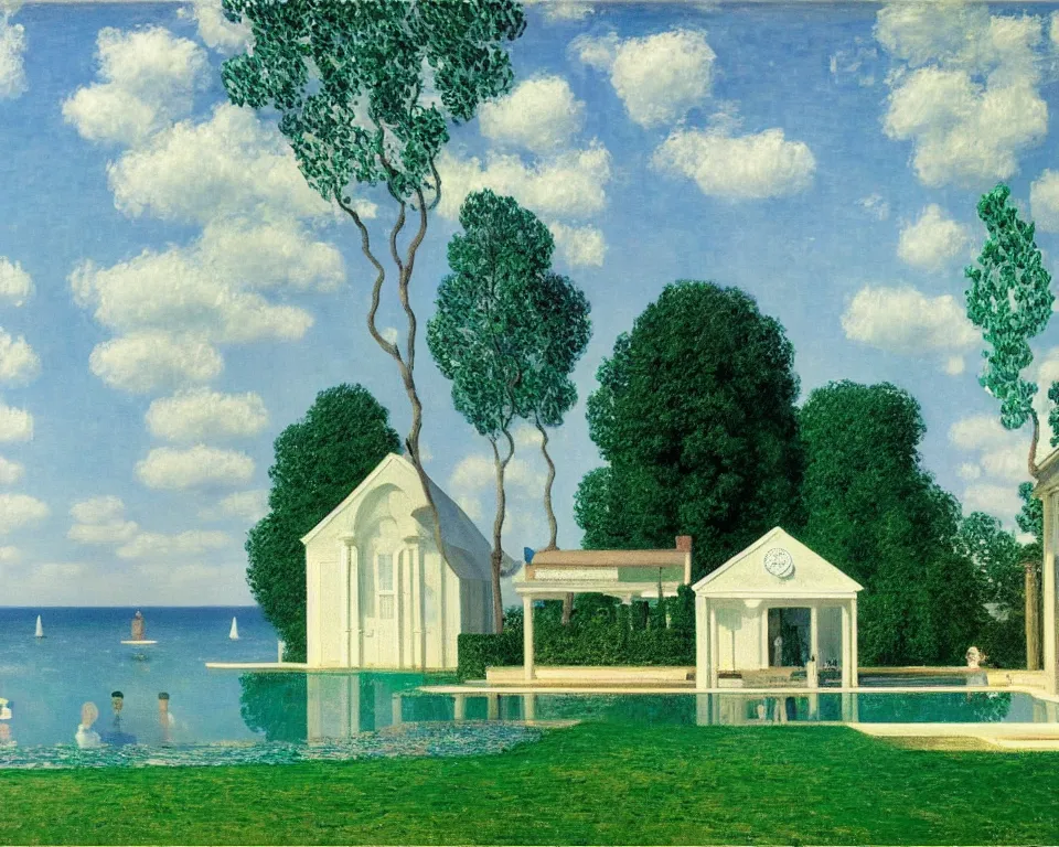 Prompt: achingly beautiful painting of a sophisticated, well - decorated, inspired pool house by rene magritte, monet, and turner.