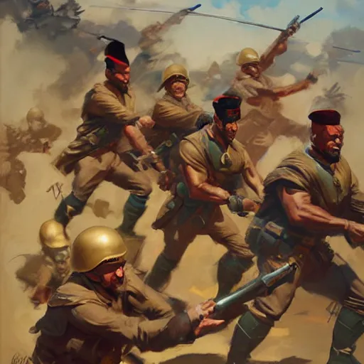 Prompt: greg manchess painting of a propganda poster of a group of men charging at the enemy wearing military uniform, painting, trending on artstation, by huang guangjian and gil elvgren and sachin teng