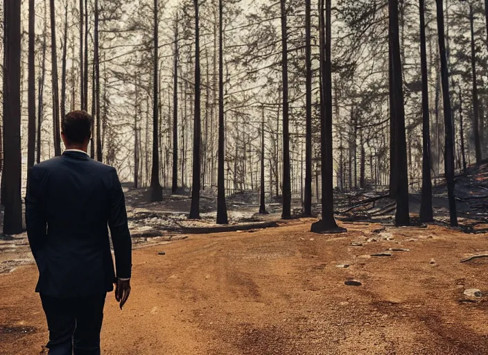 Prompt: a 3 5 mm photo from the back of a man in a gray suit walking through a forest fire, splash art, movie still, bokeh, canon 5 0 mm, cinematic lighting, dramatic, film, photography, cold blue light, depth of field, award - winning, anamorphic lens flare, 8 k, hyper detailed, 3 5 mm film grain