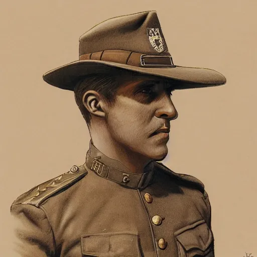 Image similar to a detailed photorealistic sepia - toned color line drawing of a 1 9 1 7 worried clean - shaven british lieutenant in detailed field gear not wearing a hat in wadi rum, ultra realistic, painted, intricate details, symmetrical features, lovecraft, atmospheric, dark, horror, brooding, highly detailed, by clyde caldwell