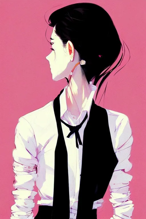 Image similar to a ultradetailed beautiful panting of a stylish woman, she is wearing a white shirt with a tie and black pants, by conrad roset, greg rutkowski and makoto shinkai trending on artstation