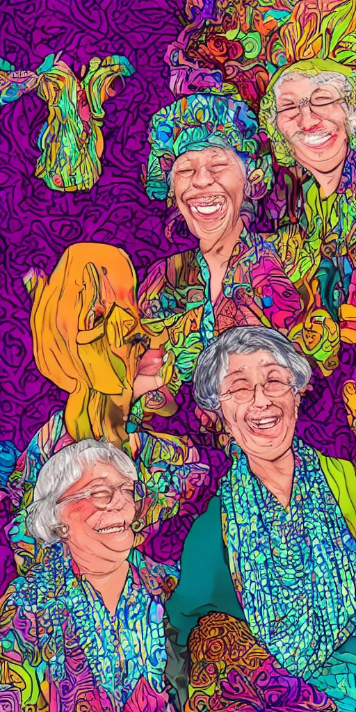 Prompt: smiling grandmas in the house on psychedelics