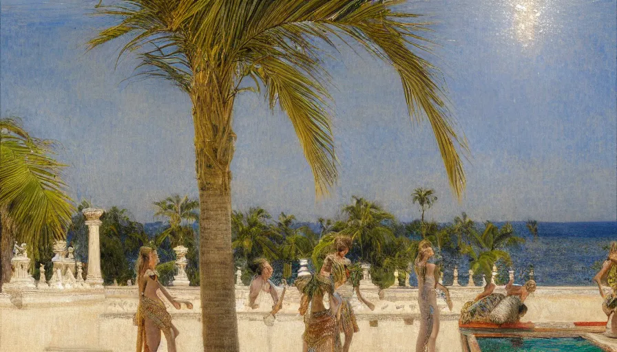 Image similar to a ultradetailed beautiful painting of the amazonas palace balustrade designed by jules bastien - lepage, hans belmer, frank weston and gustave baumann, beach, trending on artstation, mediterranean, palm trees, refracted color sparkles, sharp focus, soft light, 8 k 4 k