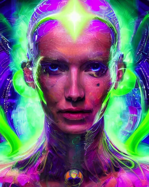 Image similar to a powerful energy psychedelic matrix priestess, by alexander fedosav, hyper detailed digital matte painting, concept art, hyperrealism, 1 6 k resolution, cinema 4 d, 8 k resolution, trending on artstation, behance hd, a masterpiece, by stephan martiniere, particles, cel - shaded, power bright neon energy, by david a. hardy,