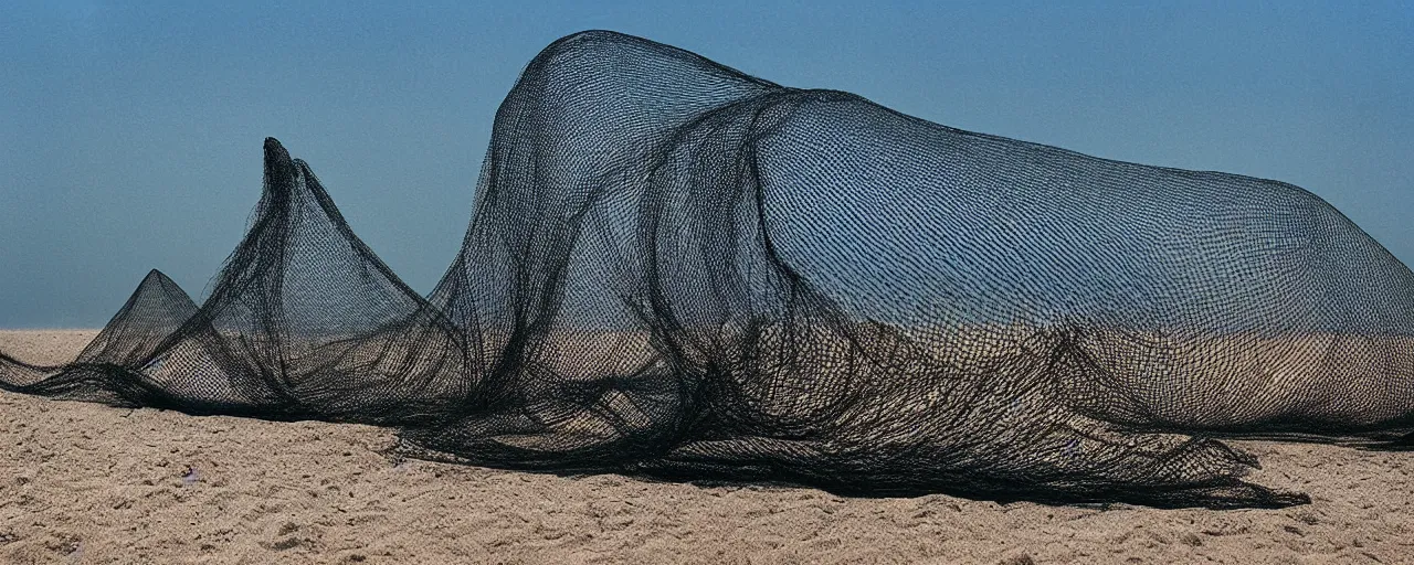 Prompt: huge concrete tetrapods wrapped in a net, seeds on the sand sea coast, film still from the movie directed by denis villeneuve with art direction by zdzisław beksinski, parts by denis villeneuve close up, telephoto lens, shallow depth of field