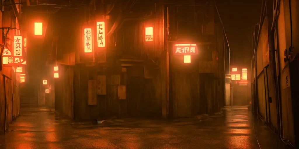 Prompt: a japanese alleyway in the style of blade runner 2049, volumetric lighting,