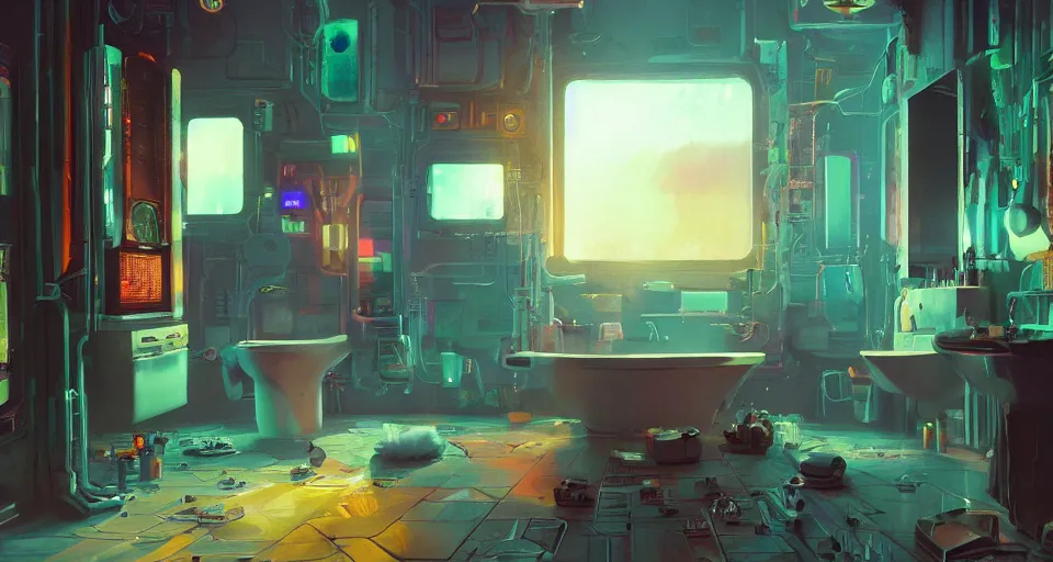 Image similar to IKEA catalogue photo of a cyberpunk bathroom, by Paul Lehr, 8k, HD, realistic, cinematic, artstation, details