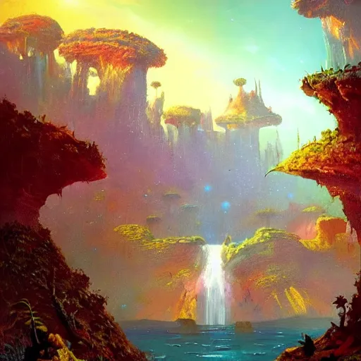 Prompt: illustration of a lush natural scene on an alien planet by paul lehr. beautiful landscape. weird vegetation. cliffs and water.