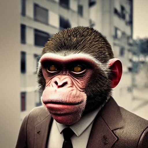 Image similar to Photography of ultra mega super hyper realistic detailed monkey by Hiromasa Ogura wearing cyberpunk style suit . Photo made from 30 meters distance on Leica Q2 Camera, Rendered in VRAY and DaVinci Resolve and MAXWELL and LUMION 3D, Volumetric natural light. Wearing cyberpunk suit with many details by Hiromasa Ogura .Rendered in VRAY and DaVinci Resolve and MAXWELL and LUMION 3D, Volumetric natural light