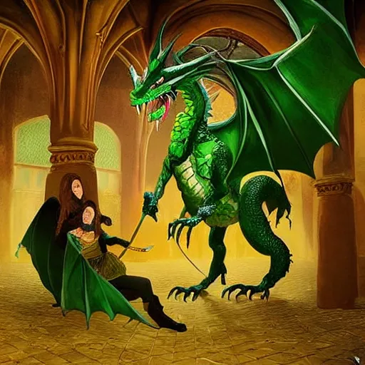 Prompt: fairy tale, painting, large green dragon!!!, venomfang, dnd, inside a castle, four legs, long claws, wide wings, sitting on a small hoard of gold, realistic, dungeons and dragons, cinematic composition, kodachrome, practical effect