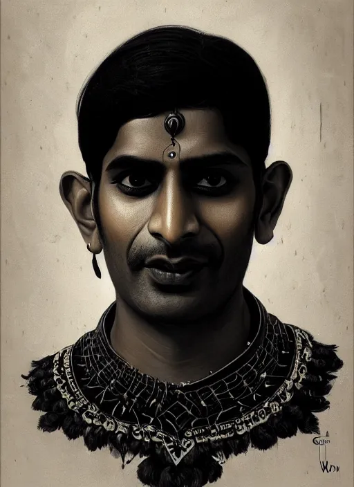 Prompt: portrait of an indian man with a crooked nose and a confident expression, 1 9 6 0 s, black clothes, goth, punk, funk, intricate, elegant, highly detailed, digital painting, artstation, concept art, smooth, sharp focus, illustration, art by wlop, mars ravelo and greg rutkowski