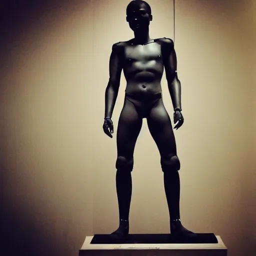 Image similar to “a realistic detailed photo of a guy who is an attractive humanoid who is half robot and half humanoid, who is a male android, college wrestler OSU Daton Fix, shiny skin, posing like a statue, blank stare, at the museum, on display”