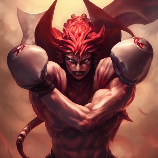 Prompt: demon hero, made by Tomohiro Shimoguchi,Stanley Artgerm Lau, WLOP, Rossdraws, Ryō Akizuki Yoshitaka Amano,boxing gloves ,ArtStation, CGSociety