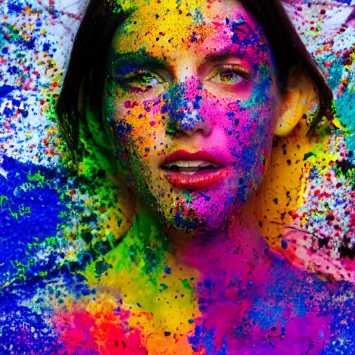 Image similar to beautiful scottish dark haired woman, pale skin, splattered with coloured paint, 4 k, zoomed