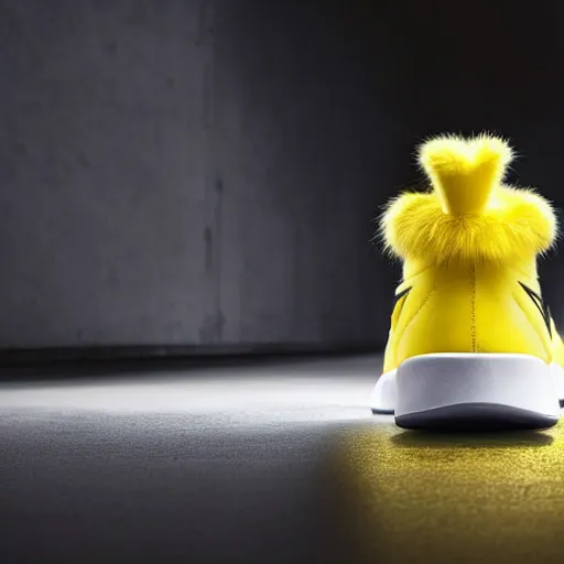 Prompt: nike pikachu model shoe made of very fluffy yellow faux fur placed on reflective surface, professional advertising, overhead lighting, heavy detail, realistic by nate vanhook, mark miner