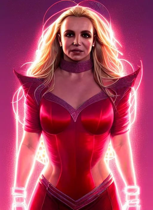 Image similar to britney spears as scarlet witch, intricate, elegant, glowing lights, highly detailed, digital painting, artstation, glamor pose, concept art, smooth, sharp focus, illustration, art by artgerm and greg rutkowski, artey freytag