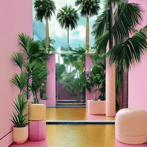 Image similar to miami vice, indoor liminal space, golden light, greg rutkowski, palm trees, pink door, minimalistic, hyperrealistic surrealism, award winning masterpiece with incredible details, epic stunning, infinity pool mirrors, a surreal vaporwave liminal space with mirrors, highly detailed, trending on artstation, artgerm and greg rutkowski and alphonse mucha, daily deviation