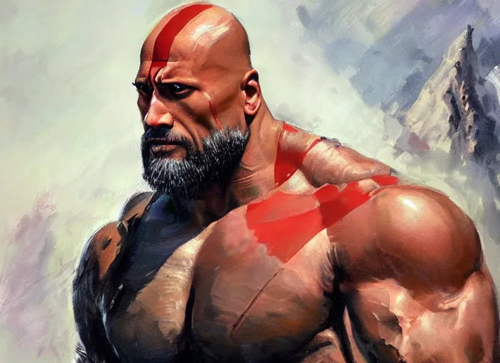 Image similar to a highly detailed beautiful portrait of dwayne johnson as kratos, by gregory manchess, james gurney, james jean