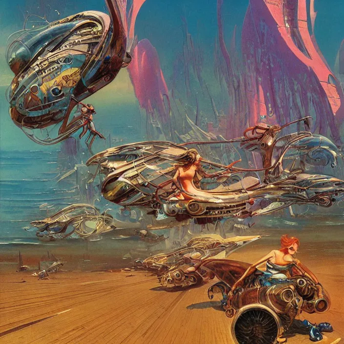 Prompt: cyberpunk mollusc women, flowing, aerodynamic, fast, flat art, digital art, hd, by james gurney, by bruce pennington