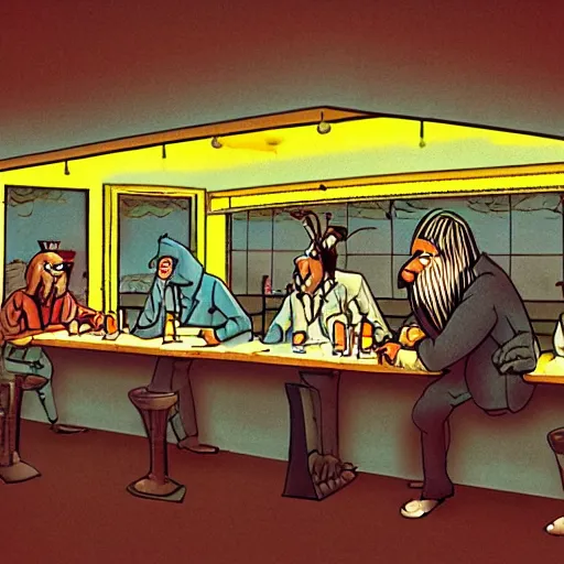 Prompt: terry gilliam style cartoon of nighthawks at the diner