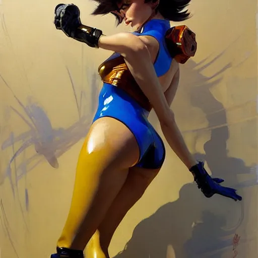 Image similar to greg manchess painting of tracer wearing a latex suit, medium shot, organic painting, sunny day, bold shapes, hard edges, street art, trending on artstation, by huang guangjian and gil elvgren and sachin teng and artgerm and greg rutkowski and alphonse mucha