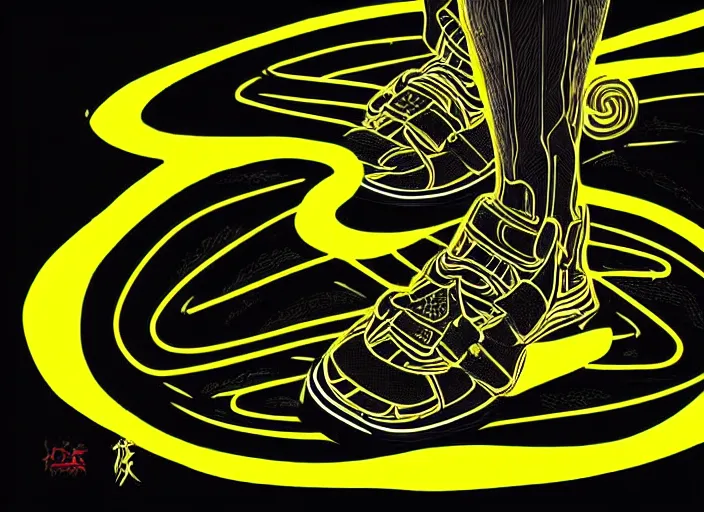 Image similar to glowing black sneaker, wth short golden lines, yellow details, symmetrical, highly detailed, digital art, sharp focus, trending on art station, samurai, electricity superpowers, anime art style