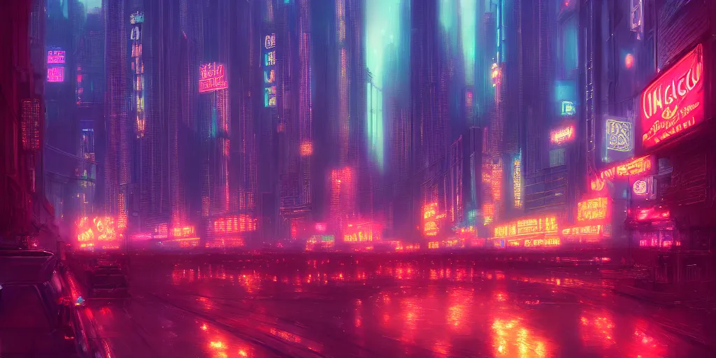Image similar to Chicago by Neon Light, in the style of Cyberpunk Impressionism, Krenz Cushart, Moebius, and Muchain, Prismatic, Rococo, Pearlescent, reflective, shimmering, highly detailed, masterpiece, dreamy, concept art, Cinema lighting, 8k, trending on artstation