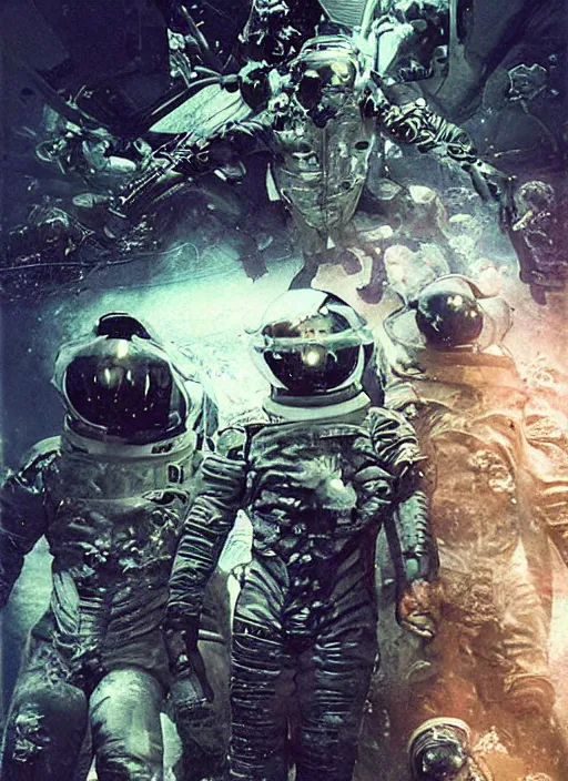 Image similar to astronauts in dark void underwater - complex and hyperdetailed technical suit. reflection and dispersion materials. rays and dispersion of light. volumetric light. f / 3 2. noise film photo. flash photography. ultra realistic, wide angle. poster by wayne barlowe, hajime sorayama aaron horkey, craig mullins