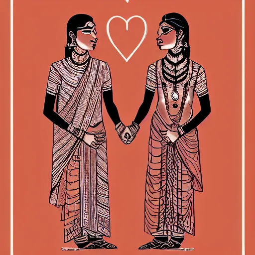 Image similar to perfectly centered symmetrical split male and female portrait of young indian man and woman in love sharing one heart. illustration, highly detailed, simple, no jagged lines, smooth, artstation, artwork by frank lloyd wright