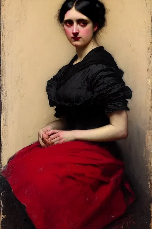 Prompt: ( ( ( ( ( ( ( ( ( ( ( victorian genre painting beautiful young woman with black and red dress ) ) ) ) ) ) ) ) ) ) ) painted by solomon joseph solomon and richard schmid and jeremy lipking!!!!!!!!!!!!!!!!!!!!!!!!!!!!