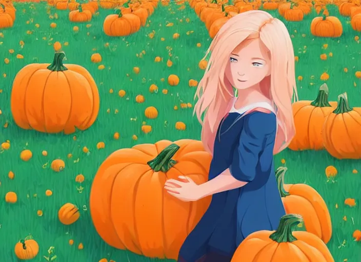 Image similar to little girl with long blonde hair visiting a pumpkin patch. clean cel shaded vector art. shutterstock. behance hd by lois van baarle, artgerm, helen huang, by makoto shinkai and ilya kuvshinov, rossdraws, illustration, art by ilya kuvshinov