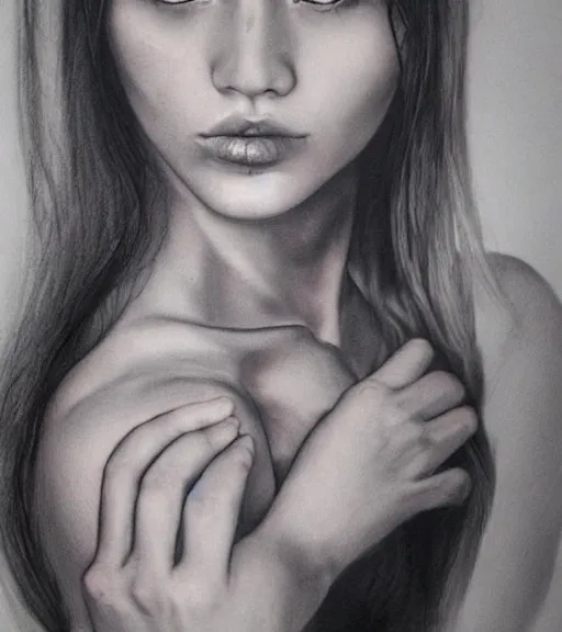 Image similar to a beautiful girl portrait, faded mountain background, realism tattoo, in the style of den yakovlev, black and white, hyper realistic, highly detailed