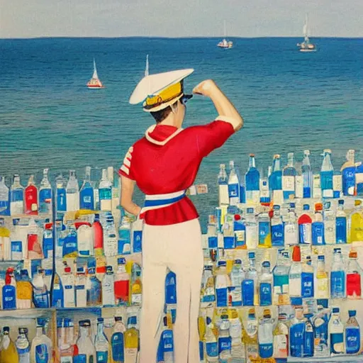 Image similar to sailor on sea with million bottles