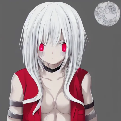 Prompt: white hair, red eyes, two little horn on the head, anime style, anime girl