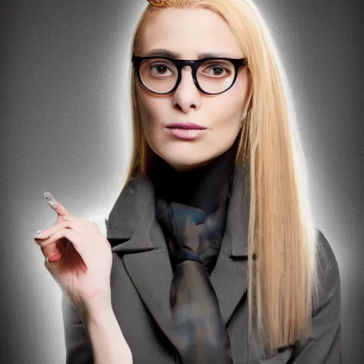 Image similar to middle aged beautiful french woman with blonde hair tied in a strict bun, spectacles, lots of makeup, arrogant, rich, expensive voluminous dress, digital art, high quality, 8 k, detailed, d & d character,