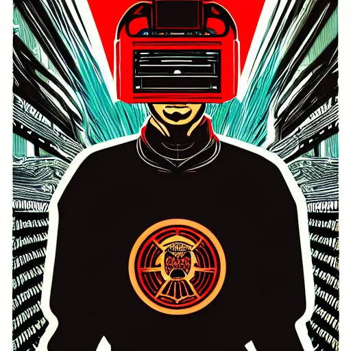 Prompt: Illustrated by Shepard Fairey and H.R. Geiger | Cyberpunk Samurai with VR helmet, surrounded by cables