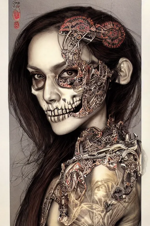 Image similar to beautiful skull cyborg portrait of a femme fatale girl with detailed patterns of thai traditional dress, highly detailed concept art by alan lee