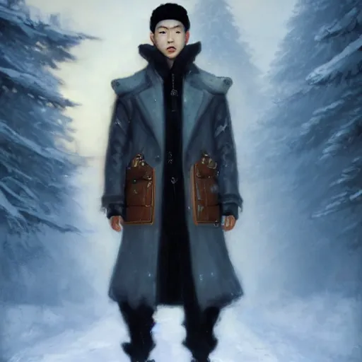 Image similar to beautiful snow - covered korean young man posing on road in park with pines, dressed in leather coat, half - length portrait, perfect symmetrical eyes, cinematic by peter mohrbacher, detailed, hyperrealism