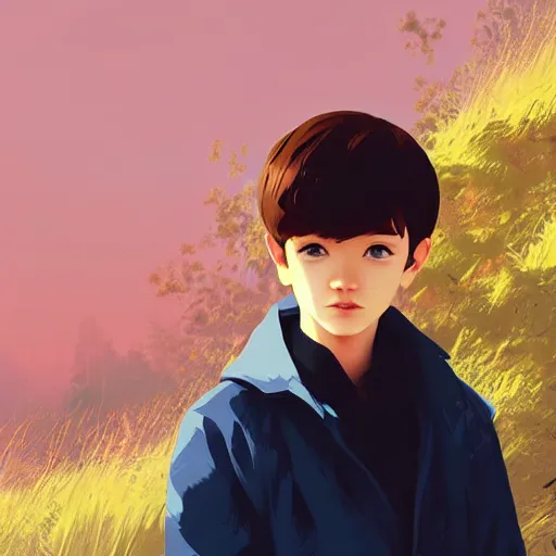 Image similar to a fantastic portrait of a boy character in a scenic environment by Ilya Kuvshinov