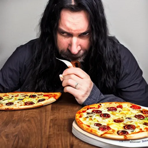 Image similar to a grumpy danish man with long black hair eating pizza while DMing an AD&D game, D&D, rogue, dark hair, skinny, middle aged, D&D dice on table, papers on table, character sheets on table, natural lighting, black hair, dark hair