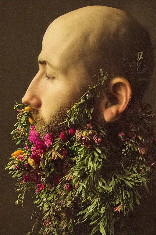 Prompt: a young man's face in profile, long beard, made of flowers and fruit, in the style of the Dutch masters and Gregory crewdson, dark and moody