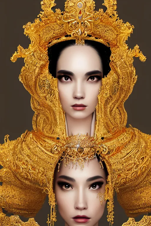 Prompt: a singular beautiful empress portrait, with a brilliant, impossible striking shiny big gold headpiece, symmetrical, reflective surface, gold clothes, rococo, baroque, jewels, asian, realistic, studio lighting, closeup, D&D, fantasy, intricate, elegant, highly detailed, digital painting, artstation, octane render, 8k, concept art, matte, sharp focus, illustration, art by Artgerm and Greg Rutkowski and Alphonse Mucha