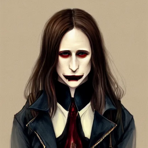 Image similar to pretty female Taissa Farmiga vampire, style of Peter Mohrbacher, sharp vampire teeth, showing teeth, symmetrical eyes, realistic face, symmetrical face, brown leather jacket, jeans, long black hair, full body