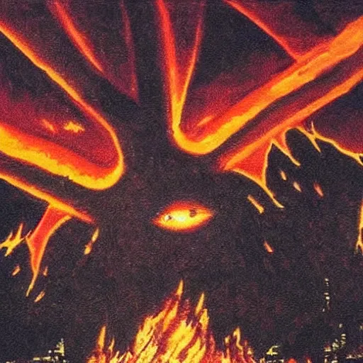 Image similar to Dark powerful creature all on fire with only one eye, destroying city, old art